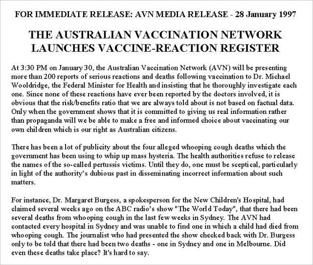 AVN 6332 Dorey press release January 27 1997 so called whooping cough alleged