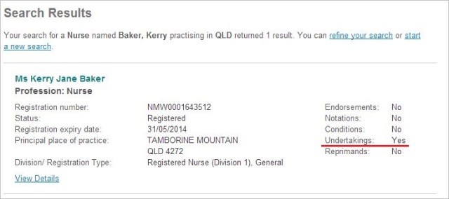 Baker AHPRA search result and registration number