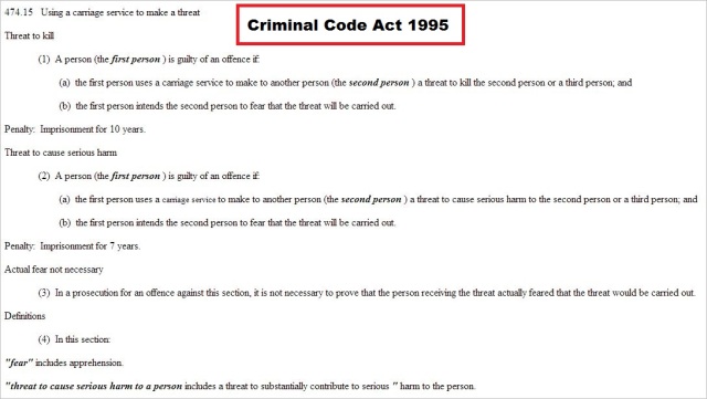 Criminal Code Act 1995 474.15 death threats